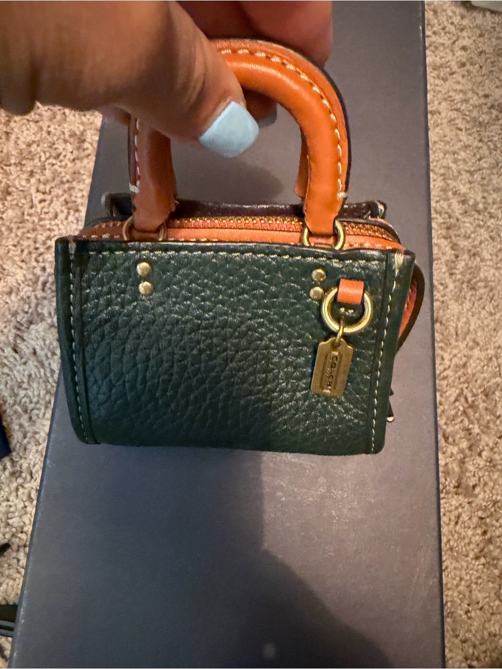 Coach Mini Rogue key chain in Green with Tan Handles